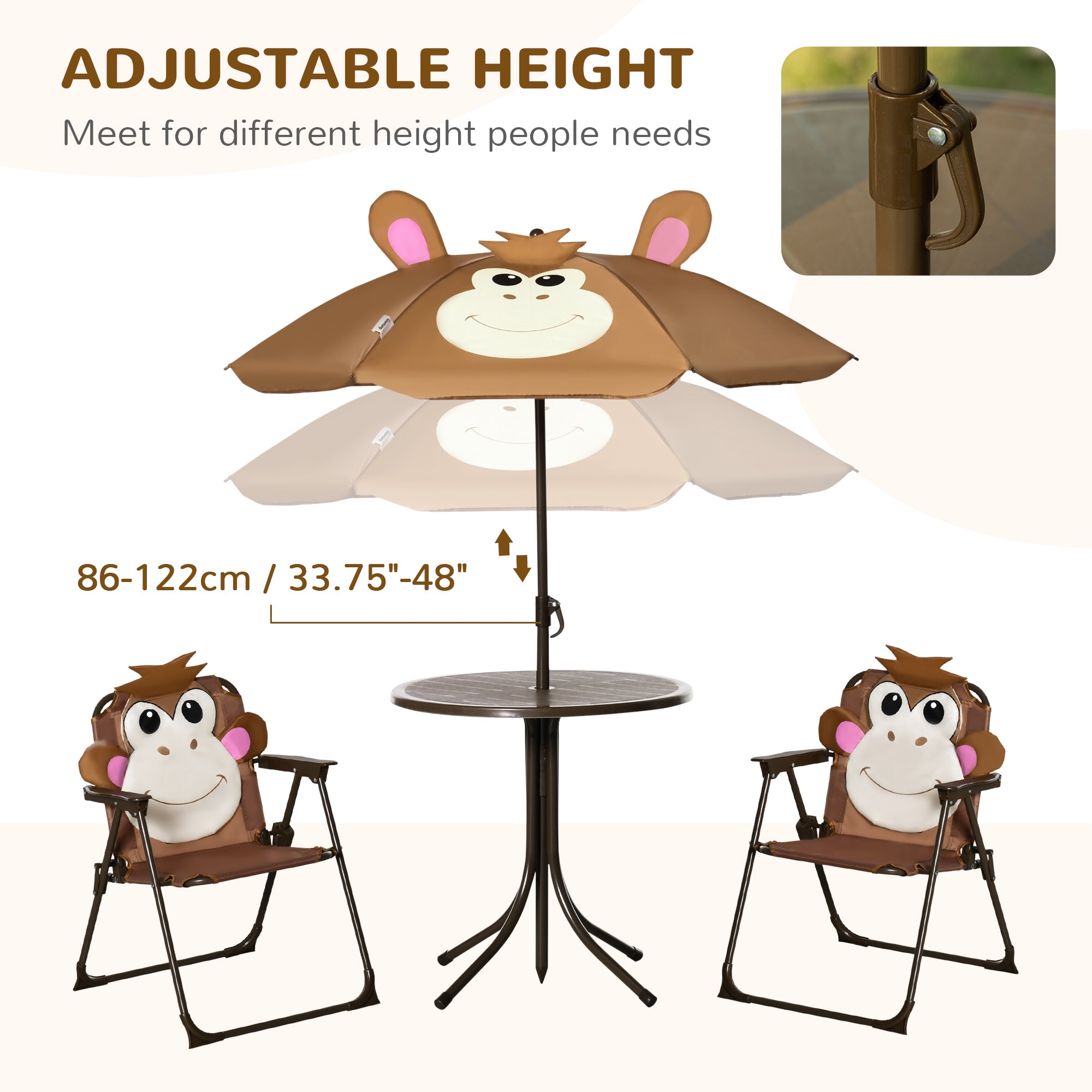 Outsunny Kids Bistro Table and Chair Set, Outdoor Folding Garden Furniture w/Monkey Design, Removable, Adjustable Sun Umbrella, Ages 3-6 Years - Brown 