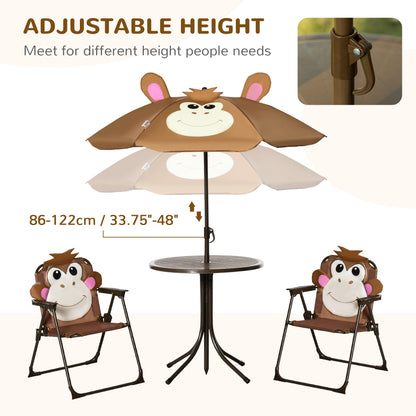 Outsunny Kids Bistro Table and Chair Set, Outdoor Folding Garden Furniture w/Monkey Design, Removable, Adjustable Sun Umbrella, Ages 3-6 Years - Brown 