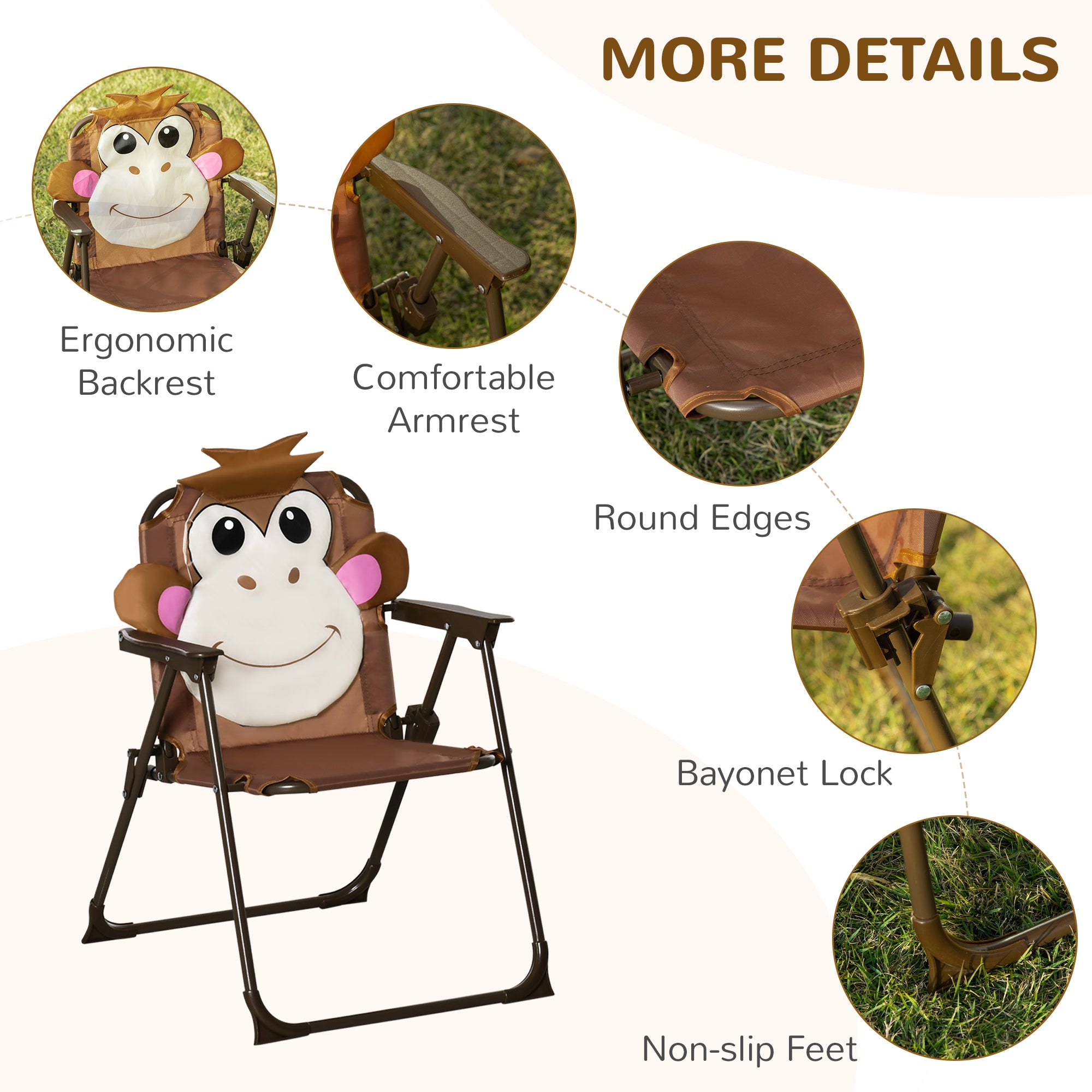 Outsunny Kids Bistro Table and Chair Set, Outdoor Folding Garden Furniture w/Monkey Design, Removable, Adjustable Sun Umbrella, Ages 3-6 Years - Brown 