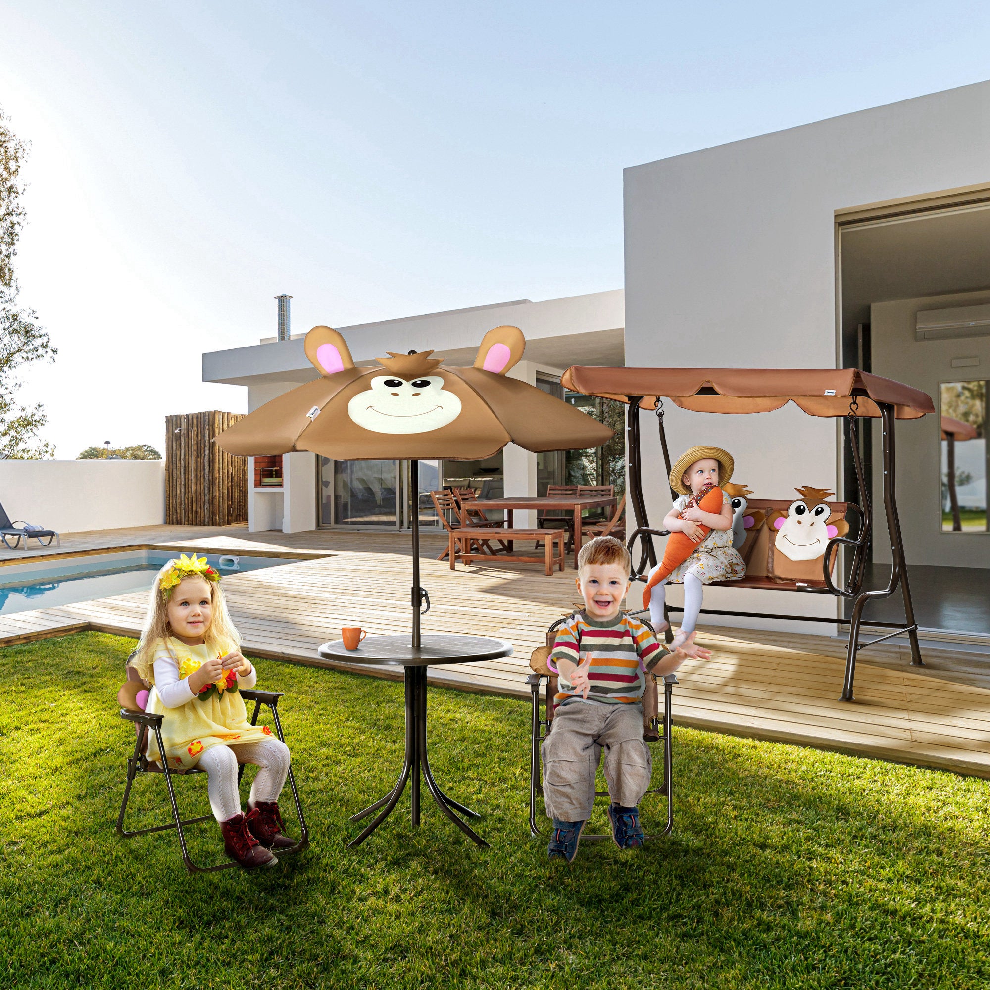 Outsunny Kids Bistro Table and Chair Set, Outdoor Folding Garden Furniture w/Monkey Design, Removable, Adjustable Sun Umbrella, Ages 3-6 Years - Brown 