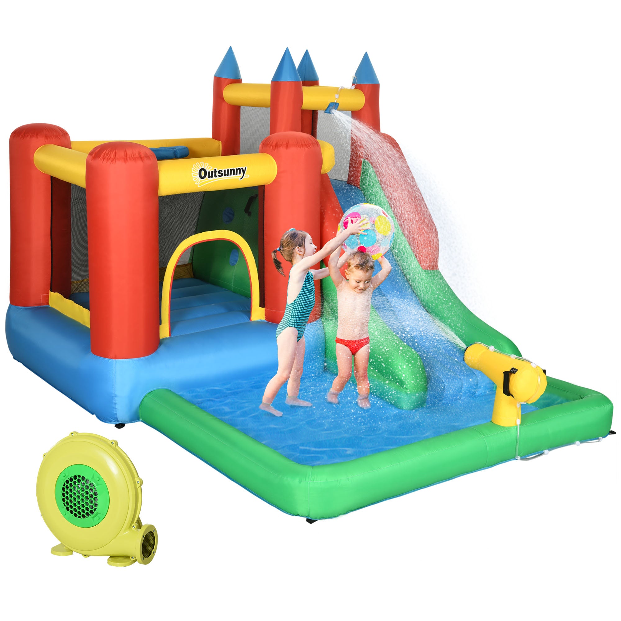 Outsunny Kids Inflatable Bouncy Castle Water Slide 6 in 1 Bounce House Jumping Castle Water Pool Gun Climbing Wall Basketball Hoop with Air Blower for Summer Playland 
