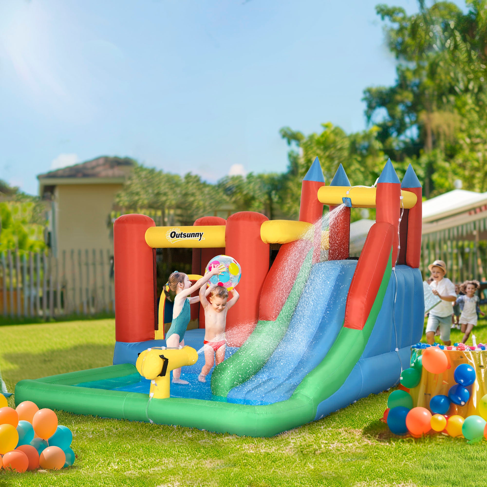 Outsunny Kids Inflatable Bouncy Castle Water Slide 6 in 1 Bounce House Jumping Castle Water Pool Gun Climbing Wall Basketball Hoop with Air Blower for Summer Playland 