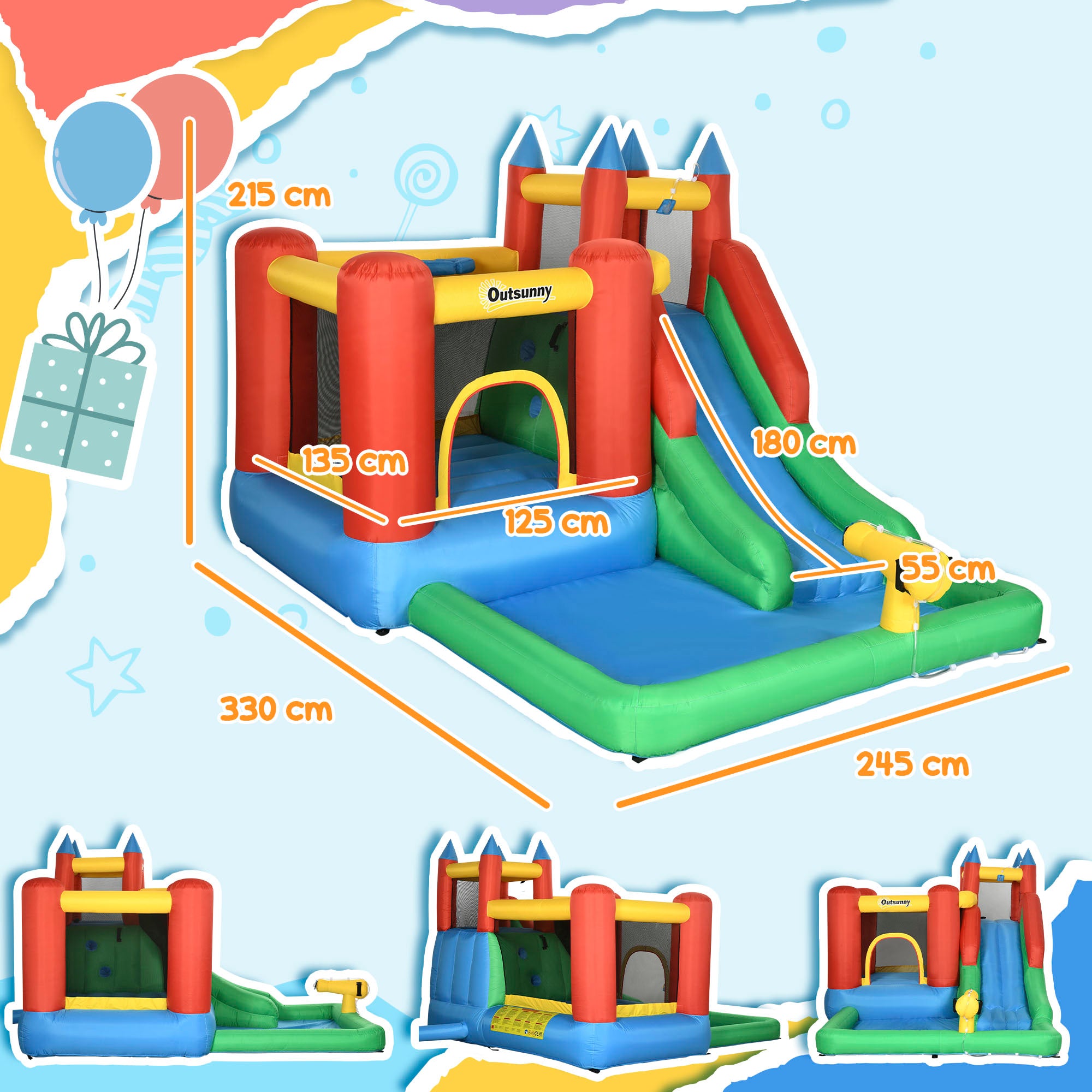 Outsunny Kids Inflatable Bouncy Castle Water Slide 6 in 1 Bounce House Jumping Castle Water Pool Gun Climbing Wall Basketball Hoop with Air Blower for Summer Playland 