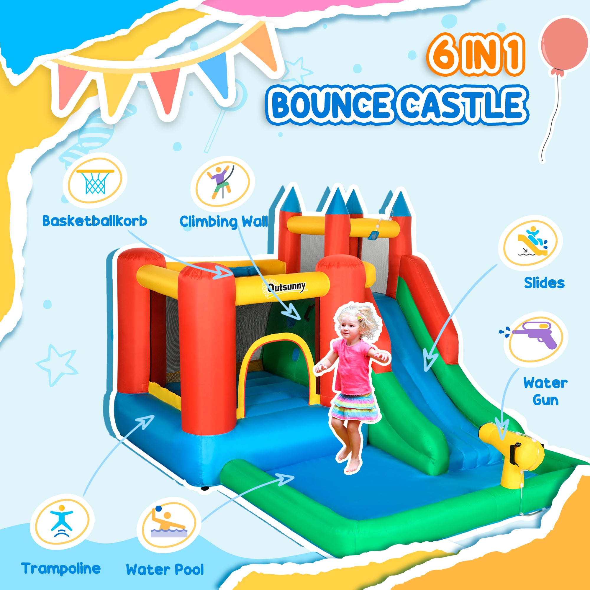 Outsunny Kids Inflatable Bouncy Castle Water Slide 6 in 1 Bounce House Jumping Castle Water Pool Gun Climbing Wall Basketball Hoop with Air Blower for Summer Playland 