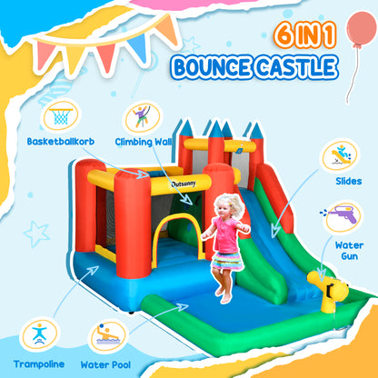 Outsunny Kids Inflatable Bouncy Castle Water Slide 6 in 1 Bounce House Jumping Castle Water Pool Gun Climbing Wall Basketball Hoop with Air Blower for Summer Playland 