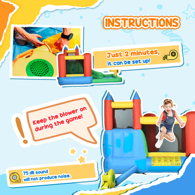 Outsunny Kids Inflatable Bouncy Castle Water Slide 6 in 1 Bounce House Jumping Castle Water Pool Gun Climbing Wall Basketball Hoop with Air Blower for Summer Playland 