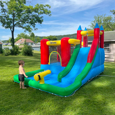 Outsunny Kids Inflatable Bouncy Castle Water Slide 6 in 1 Bounce House Jumping Castle Water Pool Gun Climbing Wall Basketball Hoop with Air Blower for Summer Playland 