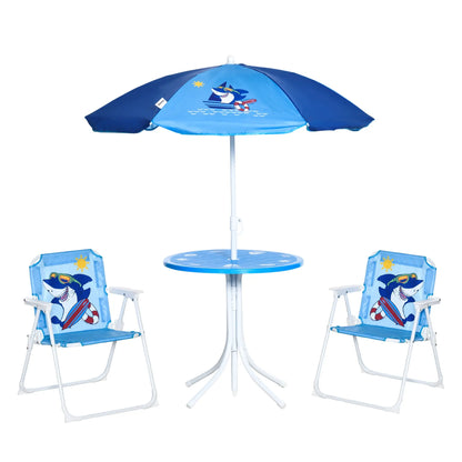 Outsunny Kids Outdoor Bistro Table and Chair Set, Folding Garden Furniture w/ Shark Design, Removable, Adjustable Sun Umbrella, Ages 3-6 Years - Blue 