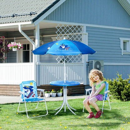 Outsunny Kids Outdoor Bistro Table and Chair Set, Folding Garden Furniture w/ Shark Design, Removable, Adjustable Sun Umbrella, Ages 3-6 Years - Blue 