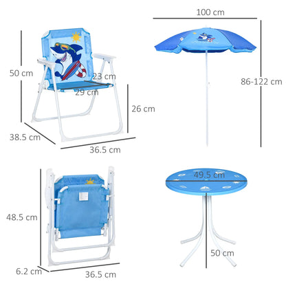 Outsunny Kids Outdoor Bistro Table and Chair Set, Folding Garden Furniture w/ Shark Design, Removable, Adjustable Sun Umbrella, Ages 3-6 Years - Blue 