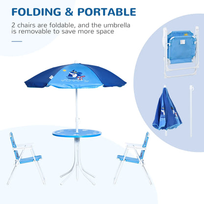 Outsunny Kids Outdoor Bistro Table and Chair Set, Folding Garden Furniture w/ Shark Design, Removable, Adjustable Sun Umbrella, Ages 3-6 Years - Blue 