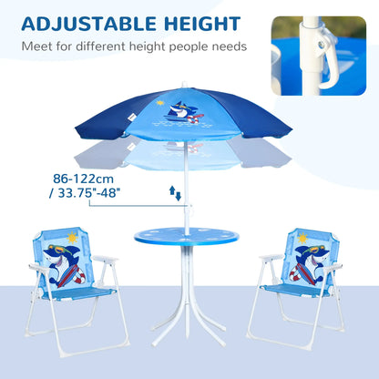 Outsunny Kids Outdoor Bistro Table and Chair Set, Folding Garden Furniture w/ Shark Design, Removable, Adjustable Sun Umbrella, Ages 3-6 Years - Blue 