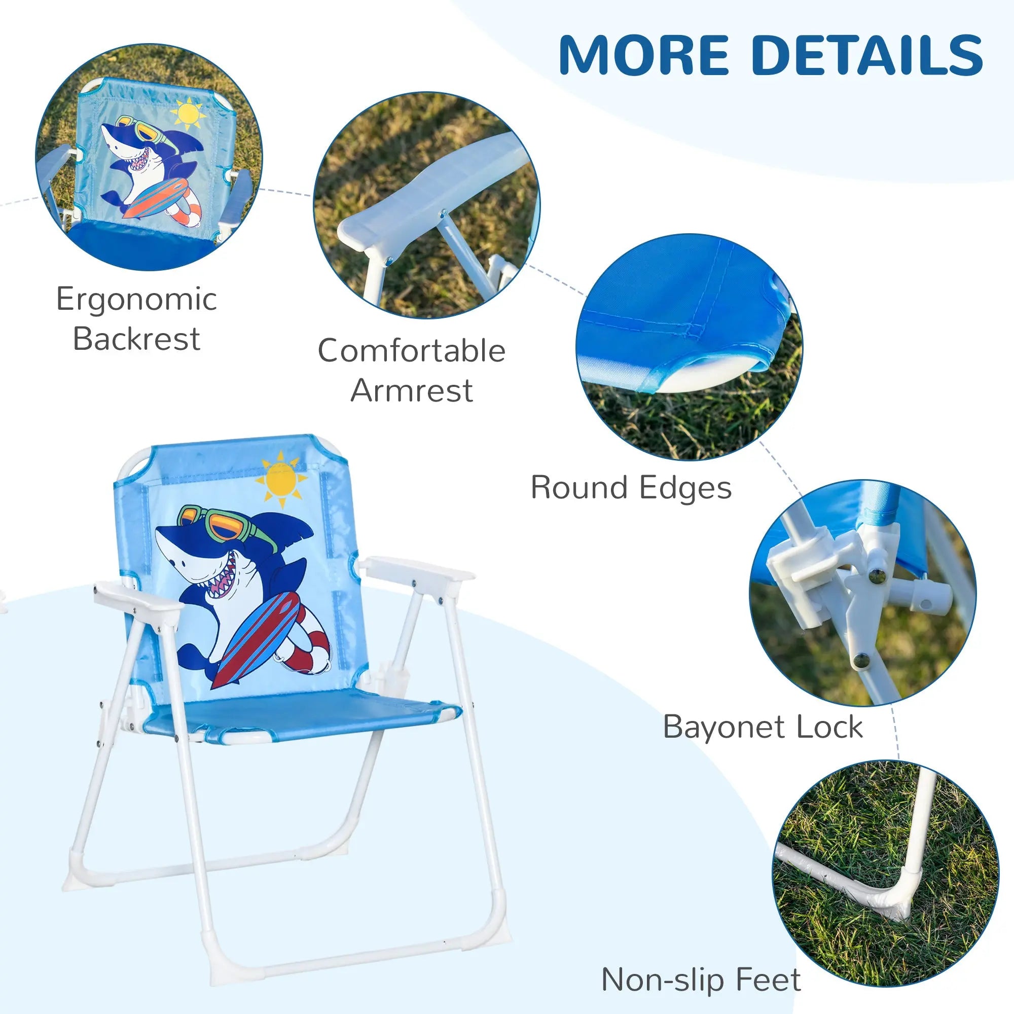 Outsunny Kids Outdoor Bistro Table and Chair Set, Folding Garden Furniture w/ Shark Design, Removable, Adjustable Sun Umbrella, Ages 3-6 Years - Blue 