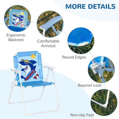 Outsunny Kids Outdoor Bistro Table and Chair Set, Folding Garden Furniture w/ Shark Design, Removable, Adjustable Sun Umbrella, Ages 3-6 Years - Blue 