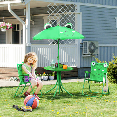 Outsunny Kids Outdoor Table and Chairs Garden Furniture Frog Pattern with Removable & Height Adjustable Sun Umbrella, Green 