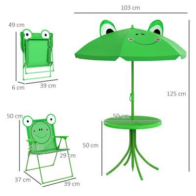 Outsunny Kids Outdoor Table and Chairs Garden Furniture Frog Pattern with Removable & Height Adjustable Sun Umbrella, Green 