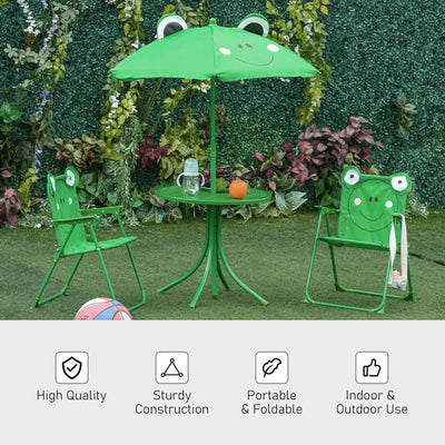 Outsunny Kids Outdoor Table and Chairs Garden Furniture Frog Pattern with Removable & Height Adjustable Sun Umbrella, Green 