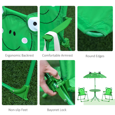 Outsunny Kids Outdoor Table and Chairs Garden Furniture Frog Pattern with Removable & Height Adjustable Sun Umbrella, Green 