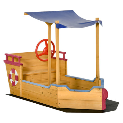 Outsunny Kids Wooden Sand Pit Children Sandbox Pirate Ship Sandboat Play Station for Outdoor w/ Canopy Shade Storage Bench Bottom Liner 