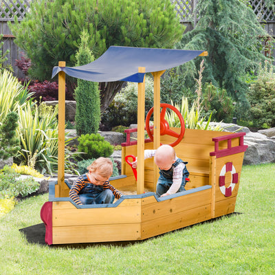 Outsunny Kids Wooden Sand Pit Children Sandbox Pirate Ship Sandboat Play Station for Outdoor w/ Canopy Shade Storage Bench Bottom Liner 