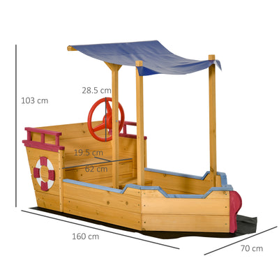 Outsunny Kids Wooden Sand Pit Children Sandbox Pirate Ship Sandboat Play Station for Outdoor w/ Canopy Shade Storage Bench Bottom Liner 