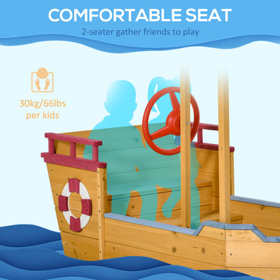 Outsunny Kids Wooden Sand Pit Children Sandbox Pirate Ship Sandboat Play Station for Outdoor w/ Canopy Shade Storage Bench Bottom Liner 