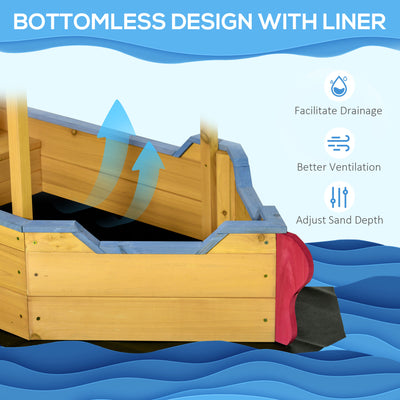 Outsunny Kids Wooden Sand Pit Children Sandbox Pirate Ship Sandboat Play Station for Outdoor w/ Canopy Shade Storage Bench Bottom Liner 