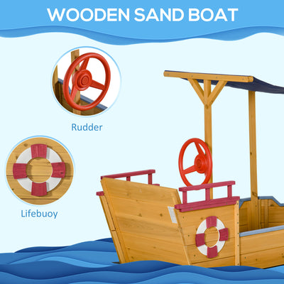 Outsunny Kids Wooden Sand Pit Children Sandbox Pirate Ship Sandboat Play Station for Outdoor w/ Canopy Shade Storage Bench Bottom Liner 