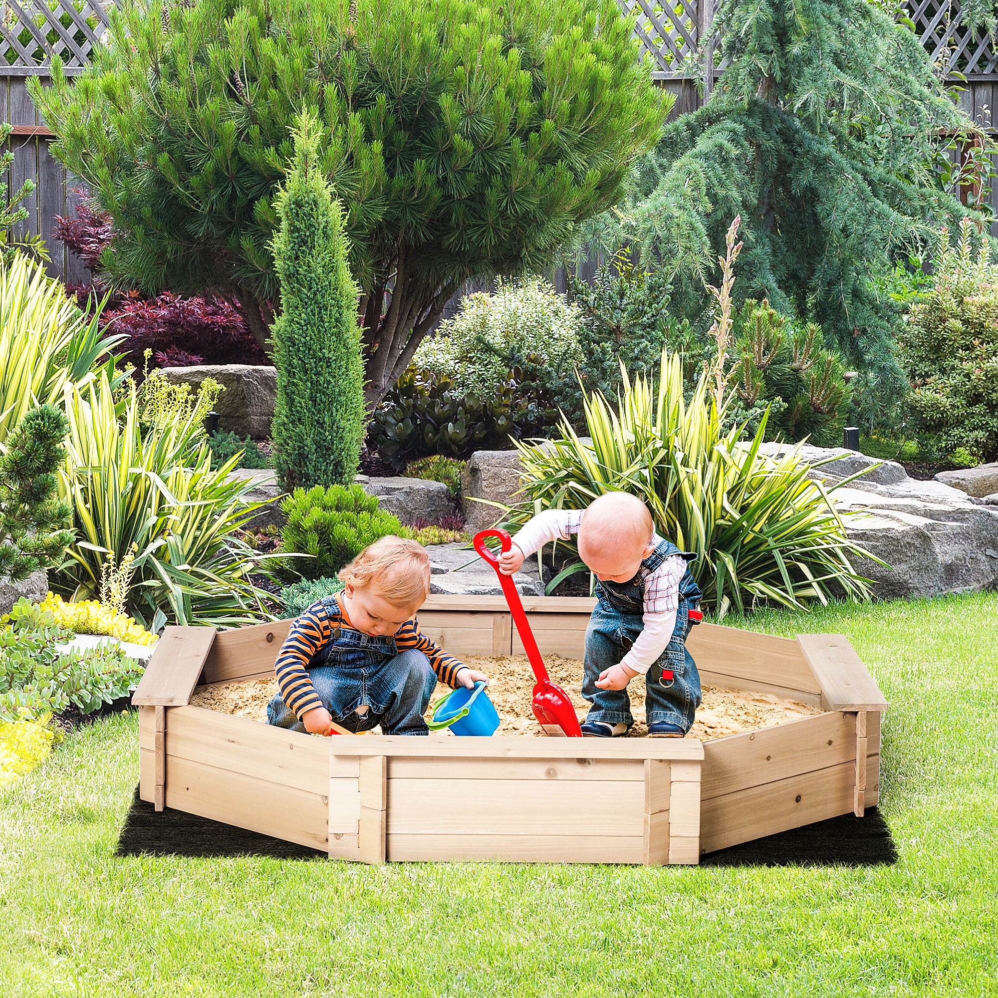 Outsunny Kids Wooden Sand Pit Children Sandbox with Cover Outdoor Playset for Backyard for 3-8 years 139.5 x 139.5 x 21.5 cm 