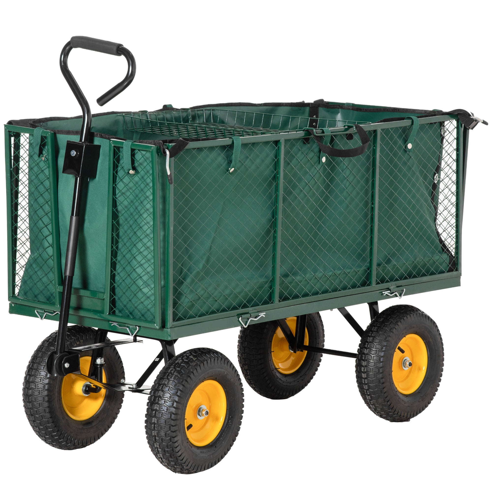 Outsunny Large 4 Wheel Heavy Duty Garden Cart Truck Trolley Wheelbarrow with Handle and Metal Frame - Green 