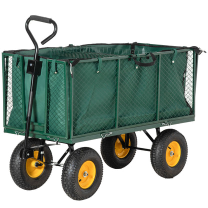 Outsunny Large 4 Wheel Heavy Duty Garden Cart Truck Trolley Wheelbarrow with Handle and Metal Frame - Green 