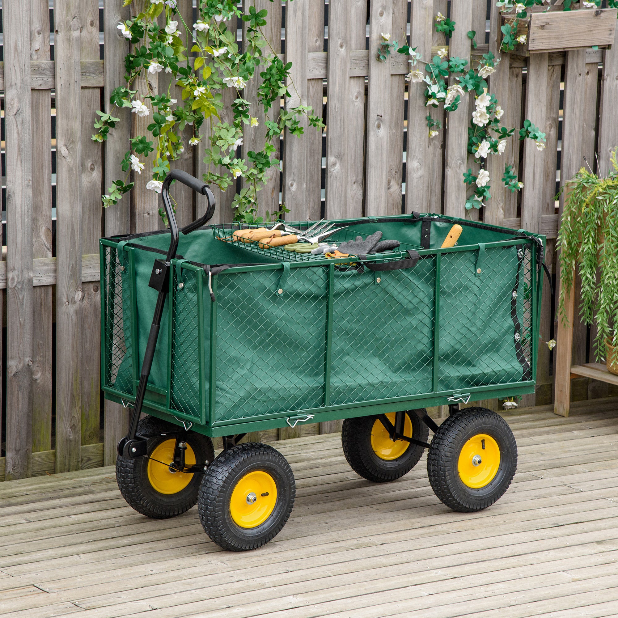 Outsunny Large 4 Wheel Heavy Duty Garden Cart Truck Trolley Wheelbarrow with Handle and Metal Frame - Green 