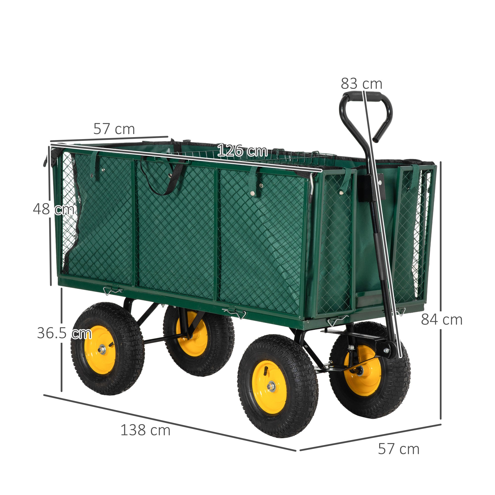 Outsunny Large 4 Wheel Heavy Duty Garden Cart Truck Trolley Wheelbarrow with Handle and Metal Frame - Green 