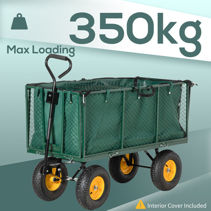 Outsunny Large 4 Wheel Heavy Duty Garden Cart Truck Trolley Wheelbarrow with Handle and Metal Frame - Green 