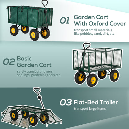Outsunny Large 4 Wheel Heavy Duty Garden Cart Truck Trolley Wheelbarrow with Handle and Metal Frame - Green 
