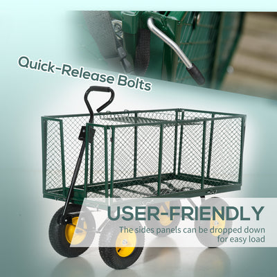 Outsunny Large 4 Wheel Heavy Duty Garden Cart Truck Trolley Wheelbarrow with Handle and Metal Frame - Green 