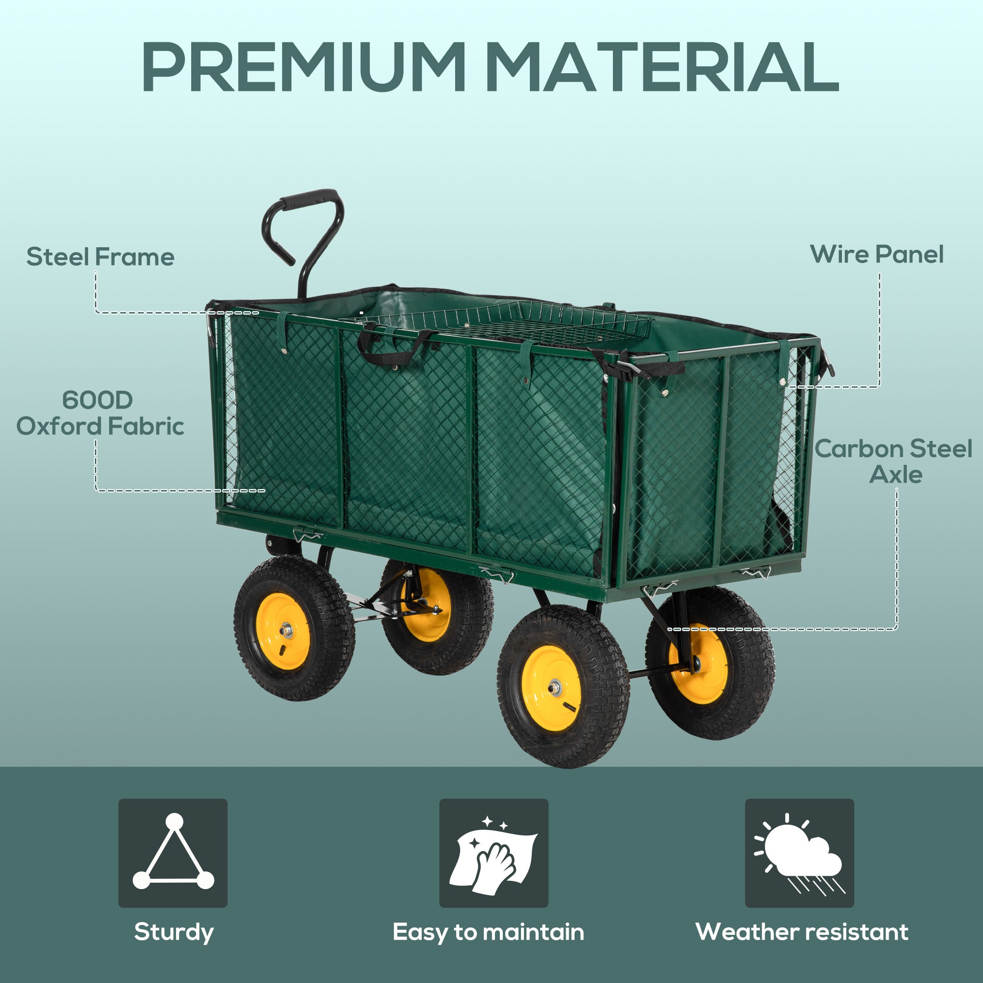 Outsunny Large 4 Wheel Heavy Duty Garden Cart Truck Trolley Wheelbarrow with Handle and Metal Frame - Green 