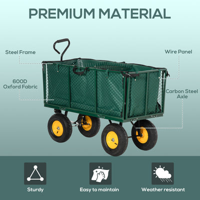 Outsunny Large 4 Wheel Heavy Duty Garden Cart Truck Trolley Wheelbarrow with Handle and Metal Frame - Green 