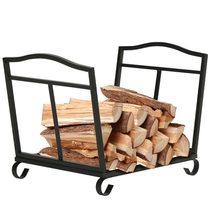 Outsunny Metal Firewood Log Holder Indoor Outdoor Folding Firewood Rack Fireplace Wood Storage Shelf w/ Scrolls, Rust-Resistant, Black, 48L x 34W x 37Hcm 