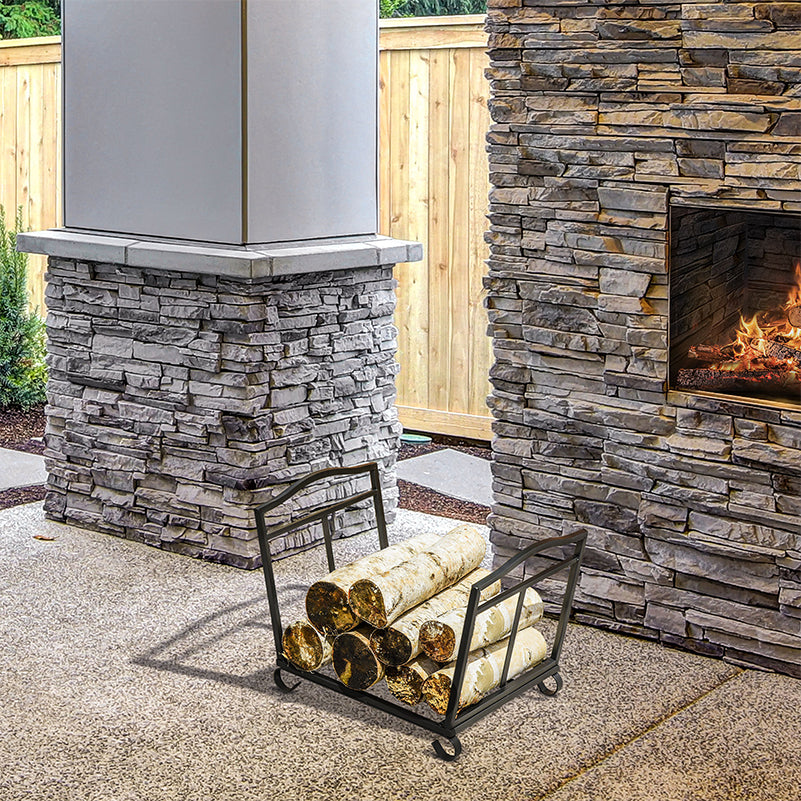 Outsunny Metal Firewood Log Holder Indoor Outdoor Folding Firewood Rack Fireplace Wood Storage Shelf w/ Scrolls, Rust-Resistant, Black, 48L x 34W x 37Hcm 
