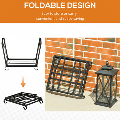 Outsunny Metal Firewood Log Holder Indoor Outdoor Folding Firewood Rack Fireplace Wood Storage Shelf w/ Scrolls, Rust-Resistant, Black, 48L x 34W x 37Hcm 