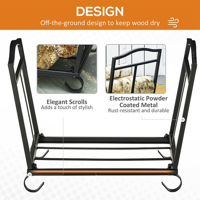 Outsunny Metal Firewood Log Holder Indoor Outdoor Folding Firewood Rack Fireplace Wood Storage Shelf w/ Scrolls, Rust-Resistant, Black, 48L x 34W x 37Hcm 