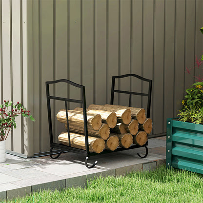 Outsunny Metal Firewood Log Holder Indoor Outdoor Folding Firewood Rack Fireplace Wood Storage Shelf w/ Scrolls, Rust-Resistant, Black, 48L x 34W x 37Hcm 