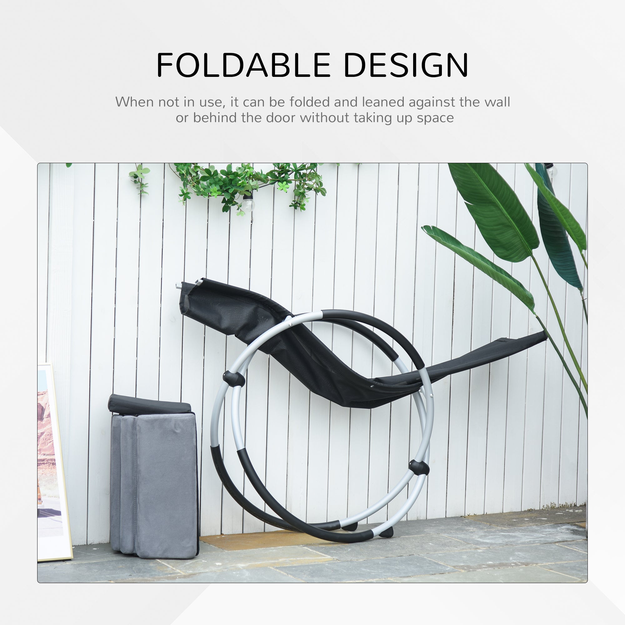 Outsunny Metal Orbital Rocking Chair Folding Lounger Anti-drop with Padded Mat Removable Design 145x74x86cm Black Grey 