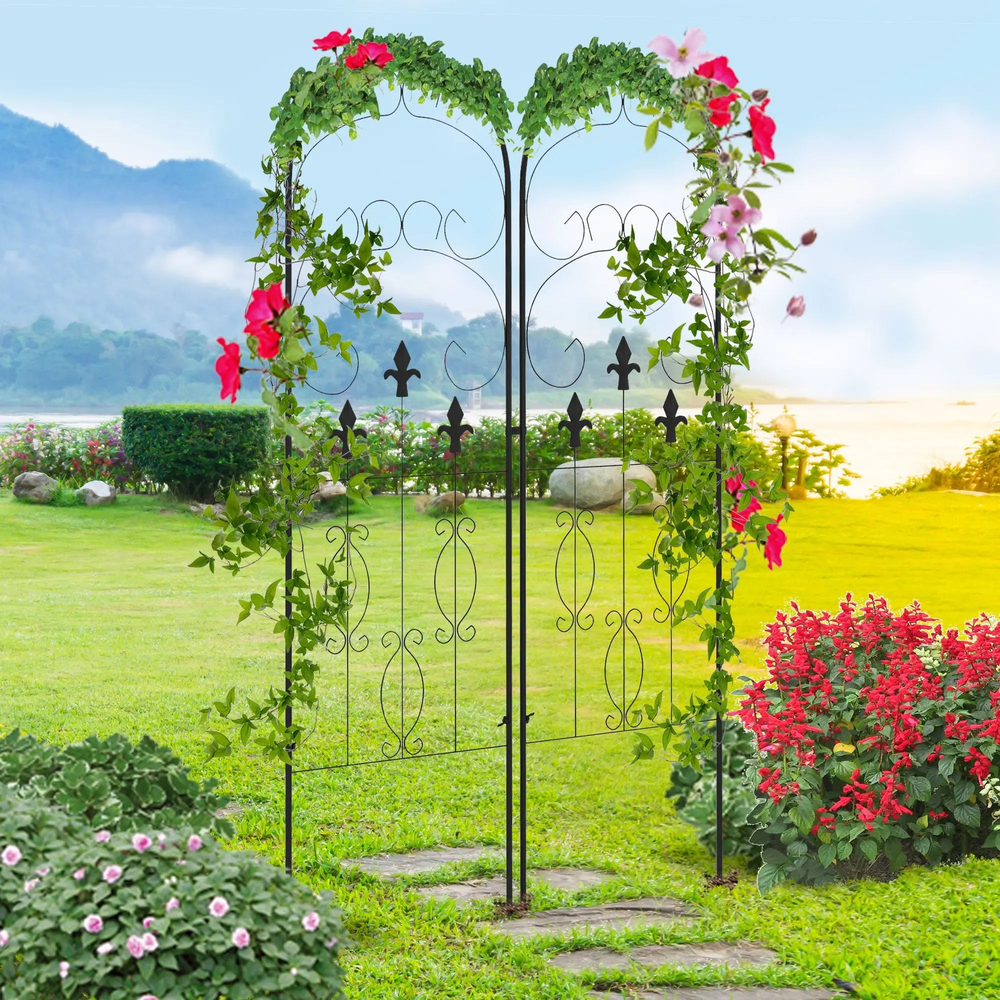 Outsunny Metal Trellis Set of 2, Garden Trellis for Climbing Plants Support Frames, Scrolls Design 