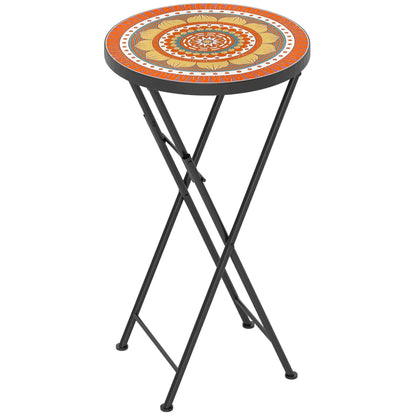 Outsunny Mosaic Outdoor Garden Table, 35.5cm Round Folding Coffee Table with Metal Frame for Balcony Terrace, Orange 