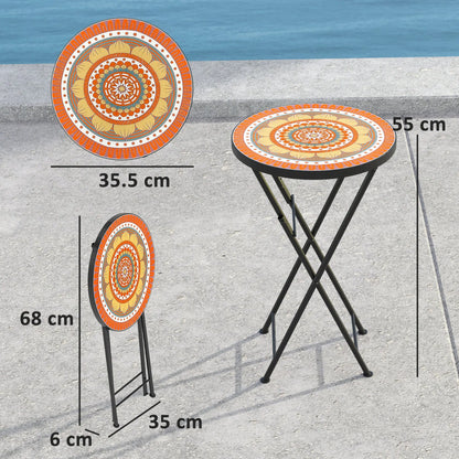 Outsunny Mosaic Outdoor Garden Table, 35.5cm Round Folding Coffee Table with Metal Frame for Balcony Terrace, Orange 