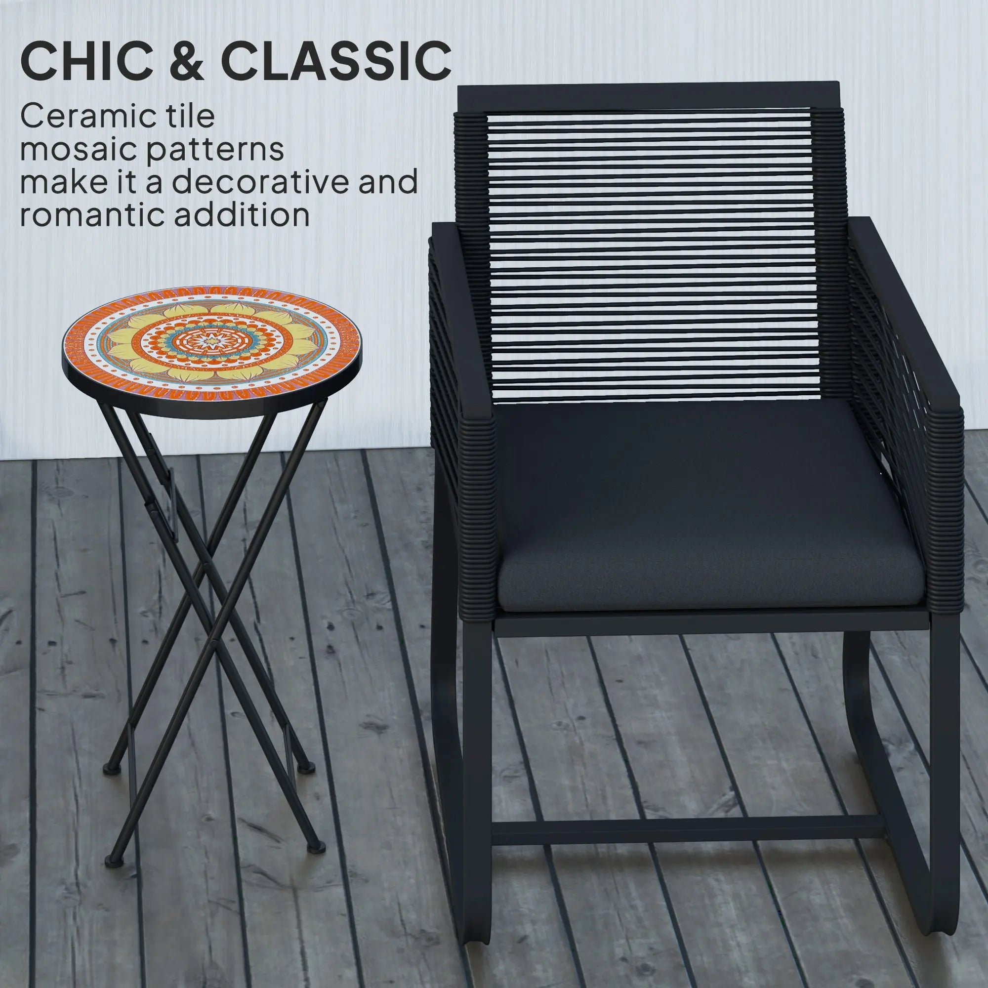 Outsunny Mosaic Outdoor Garden Table, 35.5cm Round Folding Coffee Table with Metal Frame for Balcony Terrace, Orange 