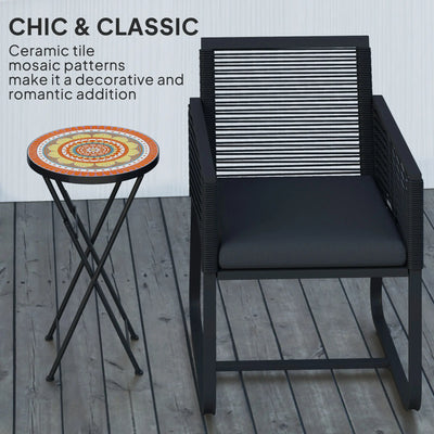 Outsunny Mosaic Outdoor Garden Table, 35.5cm Round Folding Coffee Table with Metal Frame for Balcony Terrace, Orange 
