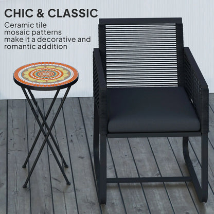 Outsunny Mosaic Outdoor Garden Table, 35.5cm Round Folding Coffee Table with Metal Frame for Balcony Terrace, Orange 